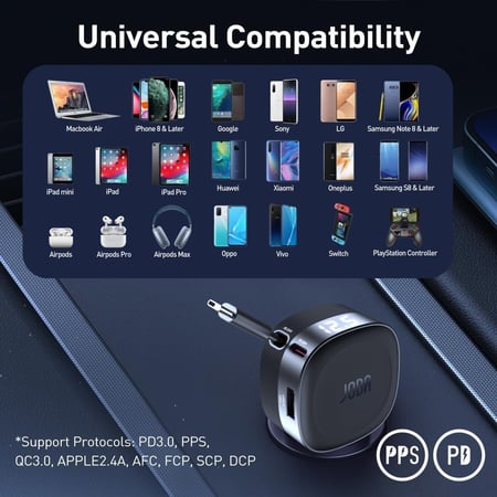 جودا | شاحن سيارة بسلك مدمج قابل للسحب ومنفذين بقوة 60 واط