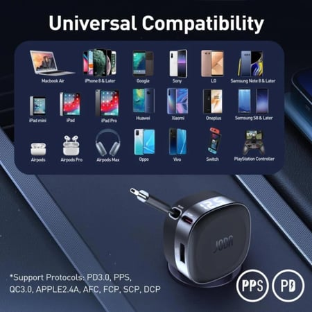 جودا - شاحن سيارة JODA CarFlex بقوة 60 واط مع كيبل مدمج تايب سي مع منفذ تايب سي و منفذ يو اس بي