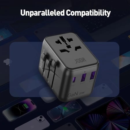 جودا - فيش السفر العالمي متعدد المداخل 20W بمنفذين USB ومنفذ pd