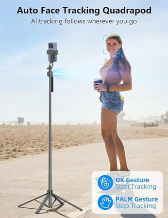 عصا سيلفي - حامل تصوير ذكي بتتبع الوجه AI 360° وقاعدة رباعية – ارتفاع 163 سم وتحكم لاسلكي وتصميم ألمنيوم قوي