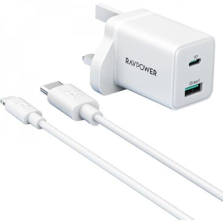 RAVPOWER - شاحن USB+PD و كيبل PD ابيض م/PC-173 ماركة راف باور