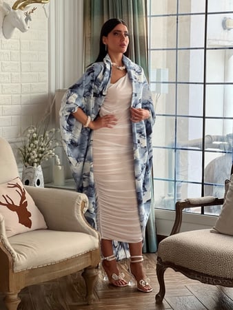 كارديغان مشجر ازرق وابيض بحزام