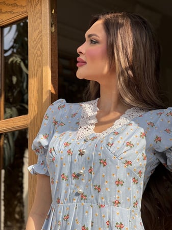 فستان العيد ازرق مشجر خفيف بأكمام رقم 3