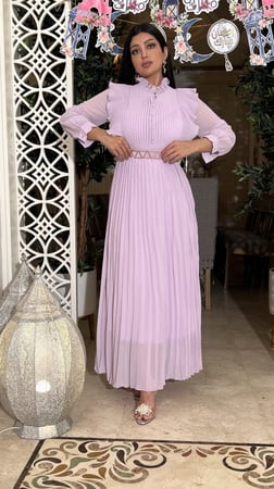 فستان العيد بليسيه بأكمام شيفون موف بحزا