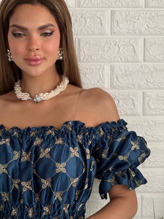 فستان تركواز تفته عالية الجودة مطرز بخيوط القصب الذهبية اوف شولدر رقم 25