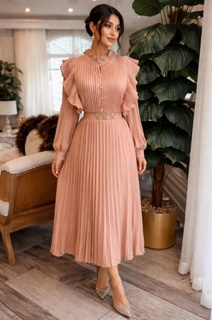 فستان العيد لحمي بأكمام طويلة بليسيه مكسر مع حزام