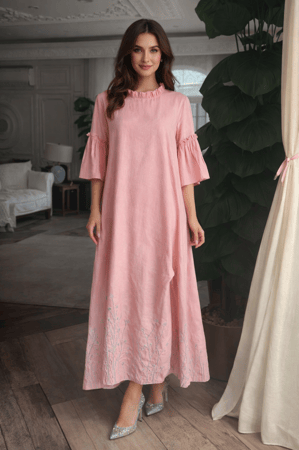 دراعه رمضانية قطن خفيف وبارد جداً مشجرة بورود فوشي بشكل انيق ومرتب