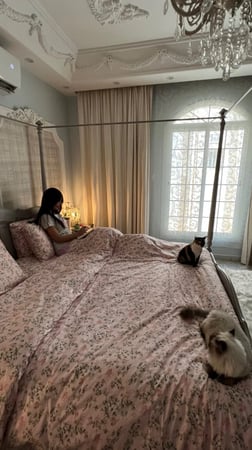 طقم سرير وردي مشجر رصاصى 6 قطع ( مفرش بمطاط  + لحاف بطانية من الجهتين مشجر  + 2 مخدات ساده ومشجر )