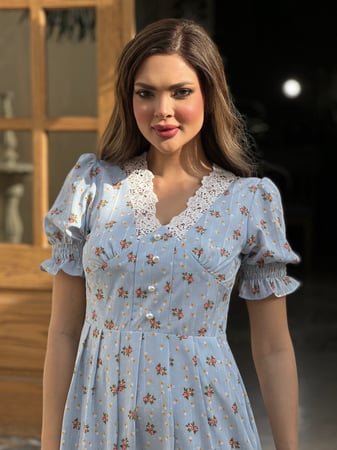 فستان العيد ازرق مشجر خفيف بأكمام رقم 3