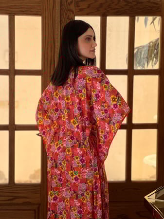 فستان / دراعه قطن مشجر مطرز ومزين بالفصوص رقم 58