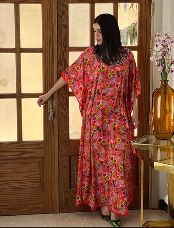 فستان / دراعه قطن مشجر مطرز ومزين بالفصوص رقم 58