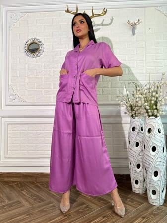 طقم فضفاض موف بنطلون وبلوزه بأزارير وجيوب