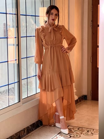 فستان ترابي طويل من الخلف قصير من الامام شيفون رقم 20