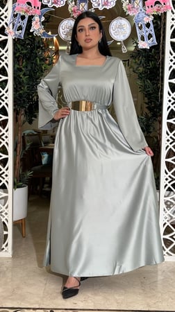 فستان العيد حرير سماوي بحزام