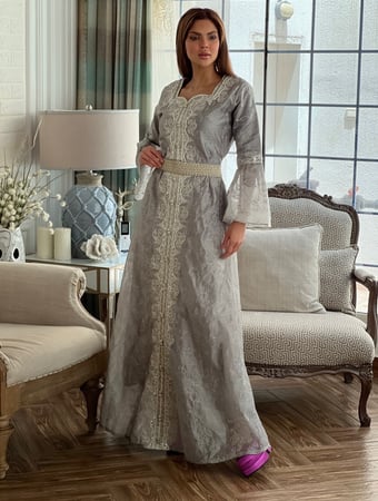 قفطان فاخر شيفون اورقنزا رصاصي مطرز بخيوط القصب والفصوص رقم 70