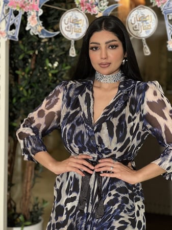 فستان العيد جلد نمر كحلي شيفون واسع بحزام