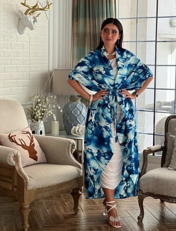 كارديغان مشجر نيلي وابيض بحزام