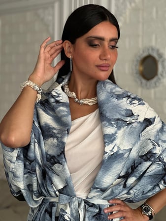 كارديغان مشجر ازرق وابيض بحزام