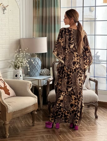 فستان / دراعه قطن بني مشجرة جلد نمر وملونه ومطرز بالفصوص رقم 60