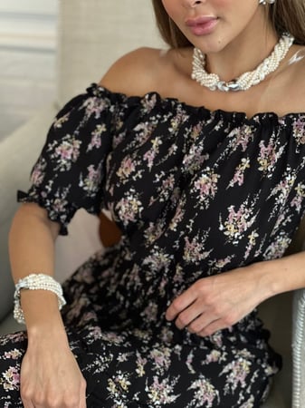 فستان أسود مشجر كريب خفيف وبارد اوف شولدر رقم 29