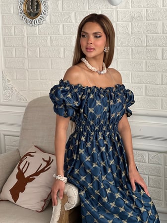 فستان تركواز تفته عالية الجودة مطرز بخيوط القصب الذهبية اوف شولدر رقم 25