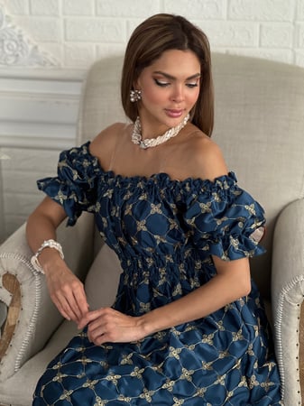 فستان تركواز تفته عالية الجودة مطرز بخيوط القصب الذهبية اوف شولدر رقم 25