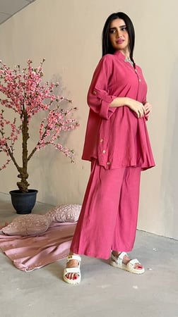 طقم صيفي فوشي فضفاض لينن خفيف وبارد