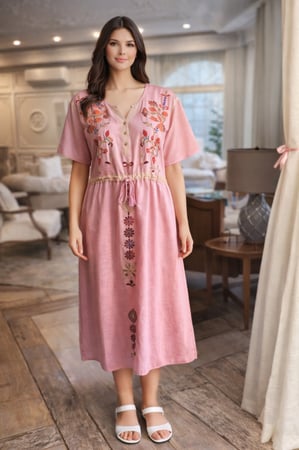 دراعه رمضانية قطن خفيف وبارد جداً مشجرة بورود فوشي بشكل انيق ومرتب