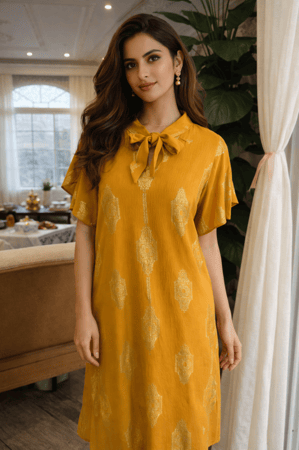 دراعه رمضانية لون الكركم حرير مغسول مكرمش مطرزة بخيوط القصب