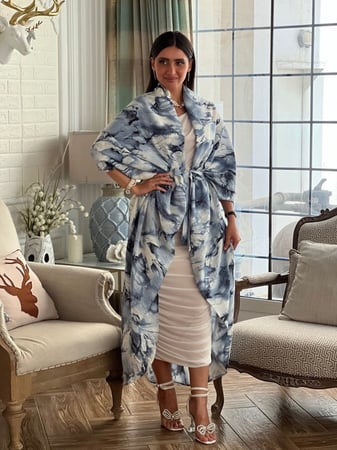 كارديغان مشجر ازرق وابيض بحزام