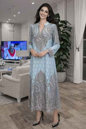 دراعه رمضانية سماوي فخمه مناسبه للسهرة مزينه بفصوص اللولو وفصوص الكريستال