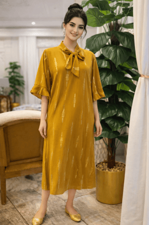 دراعه رمضانية لون الكركم حرير مغسول مكرمش مطرزة بخيوط القصب