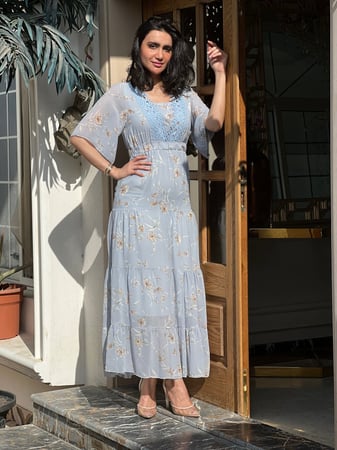 فستان العيد ازرق سماوي شيفون مشجر رقم 8