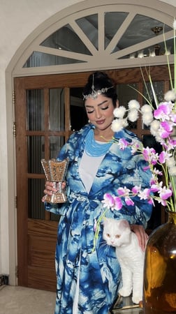 كارديغان مشجر نيلي وابيض بحزام