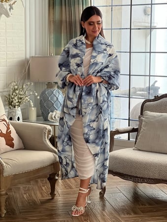 كارديغان مشجر ازرق وابيض بحزام