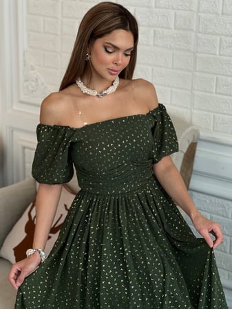 فستان زيتي شيفون مبطن عالي الجودة مطرزة بخيوط القصب الذهبية اوف شولدر رقم 28