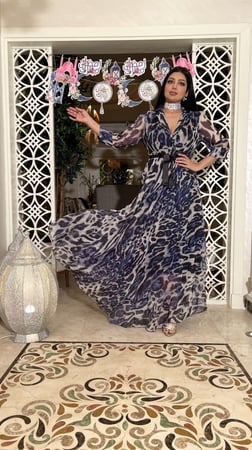 فستان العيد جلد نمر كحلي شيفون واسع بحزام