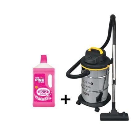 بكج مكنسة كهربائية أسطوانية بقوة 1500واط للاستخدام الرطب والجاف 21 لتر + منظف ​​الأرضيات ذا بينك ستاف