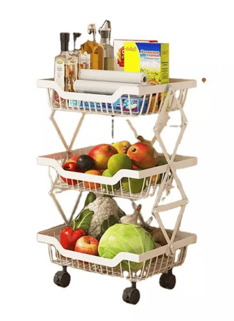 رف تخزين قابل للطي من ثلاث طبقات للفواكه والخضروات