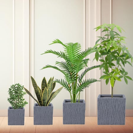 طقم أحواض مربعة للأشجار والنباتات الصناعية باللون الرمادي