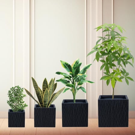 طقم أحواض مربعة للأشجار والنباتات الصناعية باللون الأسود