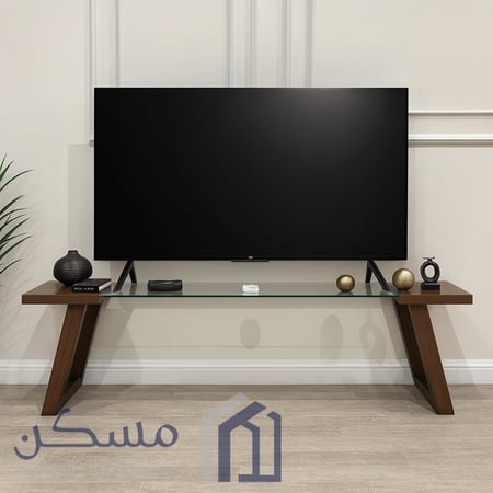 طاولة تلفزيون خشب سنديان بزجاج شفاف