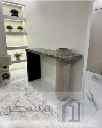 مدخل كونسول استقبال من خشب السنديان وبديل الرخام