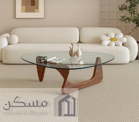 طاولة قهوة وسطية بشكل هندسي جديد بقاعدة خشب سويدي وسطح زجاج مقاوم للكسر