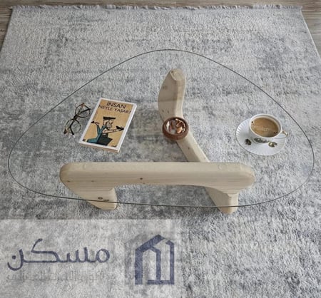 طاولة قهوة وسطية بشكل هندسي جديد بقاعدة خشب سويدي وسطح زجاج مقاوم للكسر
