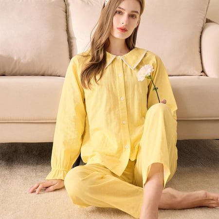 بيجاما من القطن الطبيعي 100% بتفاصيل أنثوية راقية -(أصفر-أزرق)