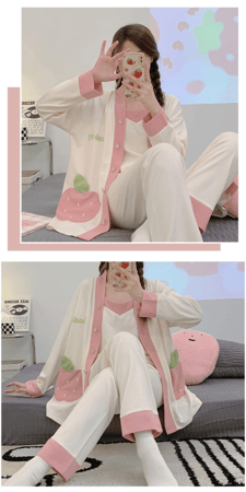 بيجاما الفراولة الأنيقة من الألياف مكونة من 3 قطع