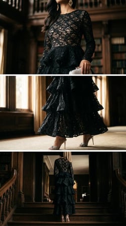 فستان سهرة دانتيل أسود بطبقات