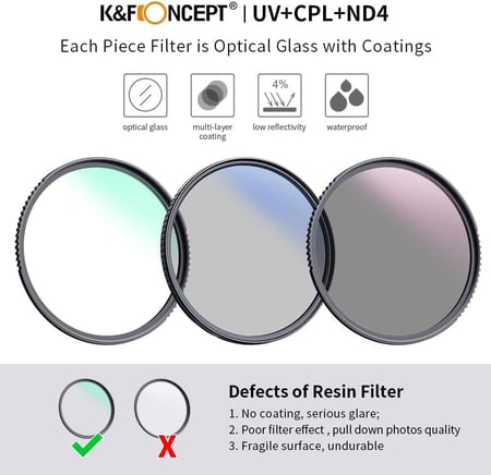 K&F Concept 82MM Keen Slim Blue Coated, MCUV+CPL+ND4 Filter Kit, With 3pcs*Cleaning Cloth