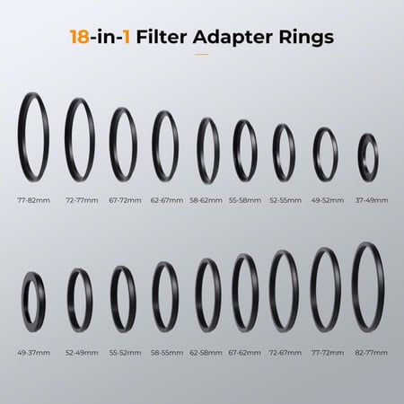 K&F Concept 18 Pieces Filter Ring Adapter Set, Camera Lens Filter Metal Stepping Rings Kit (Includes 9pcs Step Up Ring Set + 9pcs Step Down Ring Set)